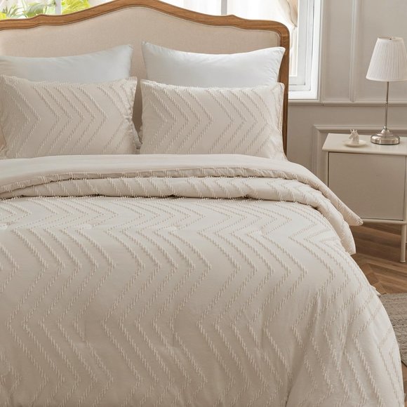 Chevron Tuft Cream Natural White Ivory California King Size Zigzag Comforter Set - Picture 3 of 12